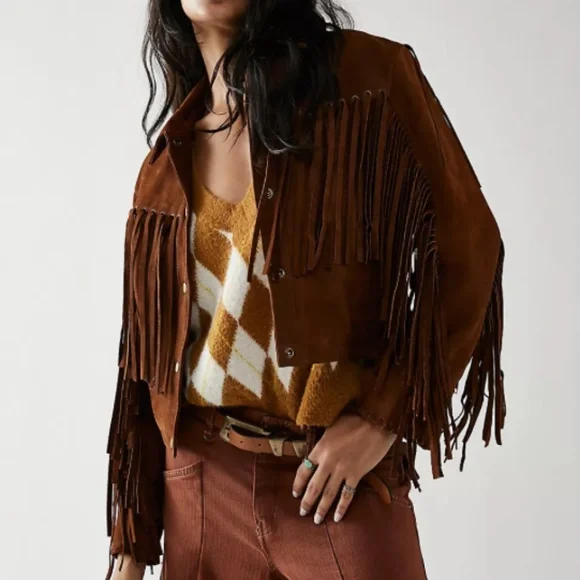 Free People Understated Brown Leather Fringe Mustang Jacket - Picture 1 of 7